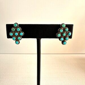 1960s Zuni Petit Point Turquoise Earrings Snake Eye Cluster, Sterling Silver Cli
